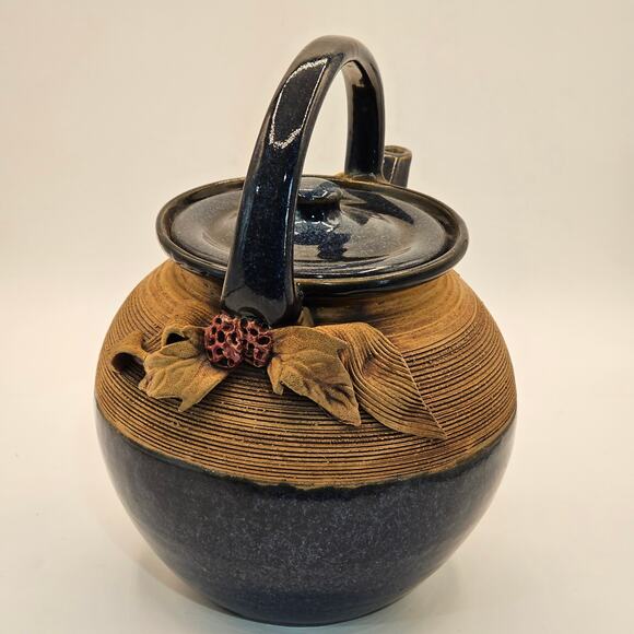 Signed Vintage Ribbed Studio Pottery Teapot with Lid - Floral Berry Accents - Picture 8 of 8